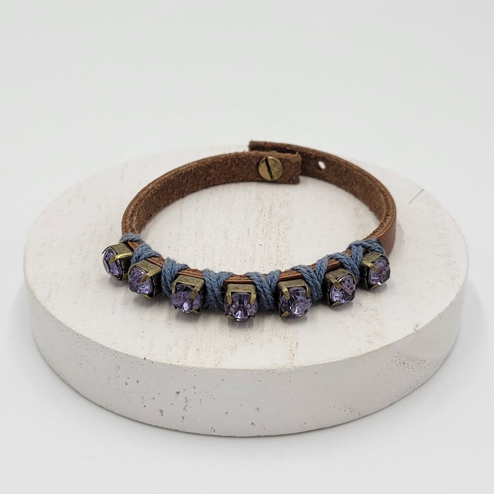 Boho Leather Bracelet Purple Gemstone Cord Wrap Rhinestone Brown Stone